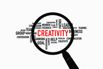 Creativity word cloud with magnifying, business concept
