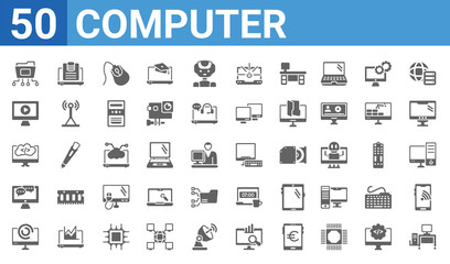 set of 50 computer web icons. filled glyph icons such as school desk,folder connected circuit,circular de,online chat,computing code,computer video,data page,workstation. vector illustration
