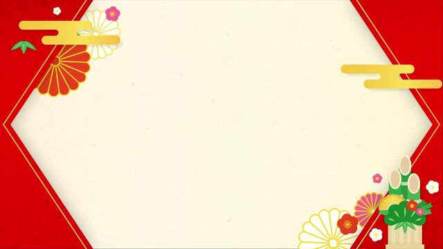 門松付き和風な背景ベース・赤色枠・装飾あり・トランジション