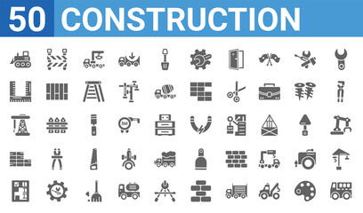 Fototapeta na wymiar set of 50 construction web icons. filled glyph icons such as tipper,bulldozer,construction plan,constructing a brick wall,derrick facing right,angle ruler,road barrier,inclined magnet. vector