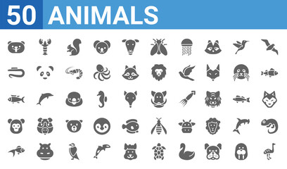 set of 50 animals web icons. filled glyph icons such as ostrich,beaver,gold fish,baboon,tuna,moray,lobster,boar. vector illustration