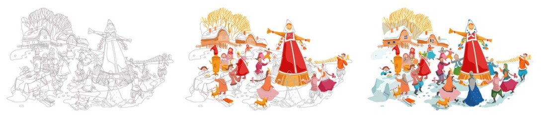 Russian holiday Maslenitsa. Round dance. Burning straw effigies is a traditional custom. Drawing from a graphic image to a color one.