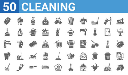 set of 50 cleaning web icons. filled glyph icons such as wipe,wiping sponge tool,leaves,wiping trash container,faucet cleanin,dustpan,house cleanin,toilet paper. vector illustration