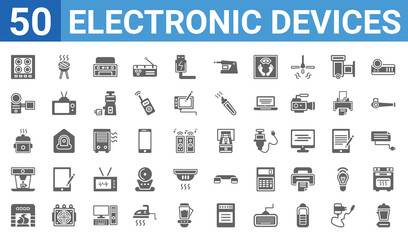 set of 50 electronic devices web icons. filled glyph icons such as percolator,hot plate,furnace,espresso maker,crock-pot,camcorder,bbq grill,kerosene heater. vector illustration
