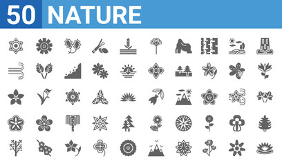 set of 50 nature web icons. filled glyph icons such as lotus,daffodil,tree,petunia,hypericum,windstorm,dianthus,ylang-ylang. vector illustration
