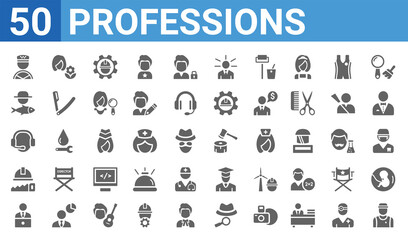 set of 50 professions web icons. filled glyph icons such as athlete,taxi driver,it manager,carpenter,telemarketer,fisherman,florist,lumberjack. vector illustration