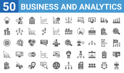 set of 50 business and analytics web icons. filled glyph icons such as service,polygonal chart,agenda,bar chart,radar chart,mortgage statistics,management,data. vector illustration