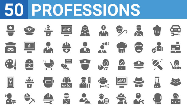 set of 50 professions web icons. filled glyph icons such as programmer,showman,dyer,guide,artist,postman,pilot,librarian. vector illustration