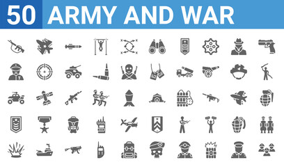 set of 50 army and war web icons. filled glyph icons such as brigade,rifle,explosion,chevrons,army car,veteran,plane,militar tent. vector illustration