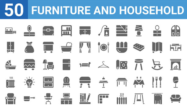 set of 50 furniture and household web icons. filled glyph icons such as couch,bedroom,armchair,radiator,cradle,closet,dresser,hanger. vector illustration