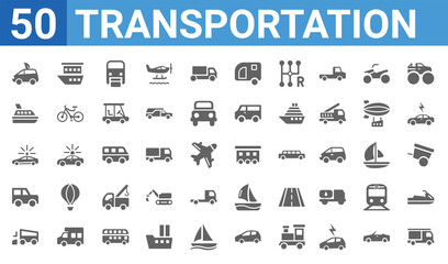 set of 50 transportation web icons. filled glyph icons such as haul,eco-friendly transport,zamboni,jalopy,patrol car,yacht,houseboat,caboose. vector illustration