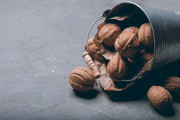  Still life with bucket, nuts in the shape of sweet cookies on gray cement background, food concept with copy space © Олеся Кузина