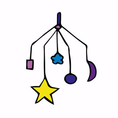 Vector illustration of a mechanical musical toy over a baby bed. Hand drawn icon and symbol for print on baby clothers, poster, sticker, card design. Doodle design elements. 