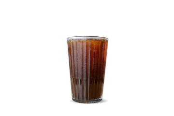 Black coffee honey in a glass isolate on white background. Brown cold water in a glass.