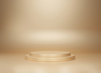 Gold podium color 3D background with geometric shapes, pedestal on two floors Curved wall the platform for product presentation minimal style, copy space, rendering