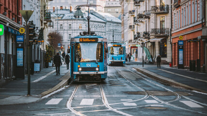 Oslo trams at Majorstuen area during winter time - obrazy, fototapety, plakaty
