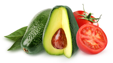 avocados and tomatoes isolated on white background. alligator pear.