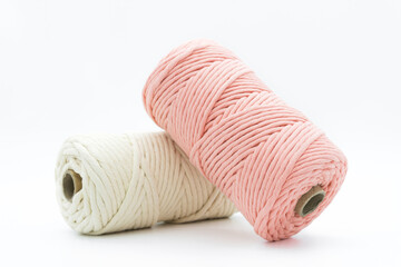 Close-up view of the single strand cotton cords for macrame DIY handcraft.