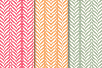Set of design seamless monochrome waving pattern. Abstract wave stripy background in pink, orange and green pastel colors. Vector art