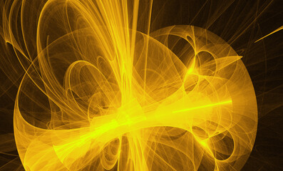 Neon glowing yellow twisted cosmic lines flying in the space. Turbulence curls flow colorful motion. Fluid and smooth astronomy vortex swirl structure. Abstract creative modern background