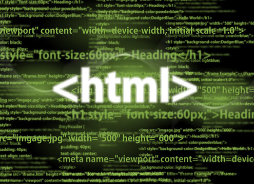 html code on dark background and html tag.  Hyper Text Markup Language
