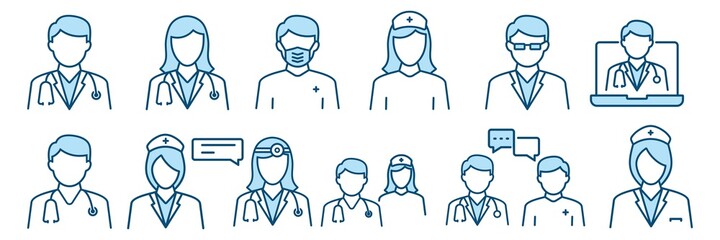 Doctor and Nurse icon set in line style.  medical personnel on white background, vector illustration 