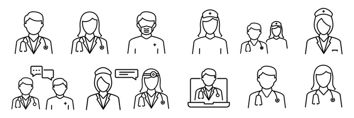 Doctor and Nurse icon set in line style.  medical personnel on white background, vector illustration 