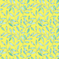 Watercolor and pastel branches with leaves seamless pattern on a yellow background. Hand-drawn greenery endless print. Cute natural wallpaper backdrop.