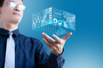 Businessman show 3d display graph chart information economic for investment