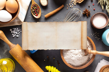 Bakery ingredients for homemade bread baking on table