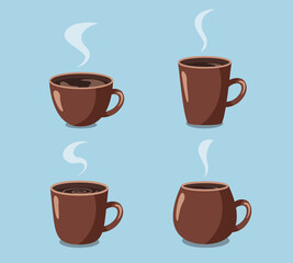 Vector illustration of cups with steam. Collection of various brown cups on blue background
