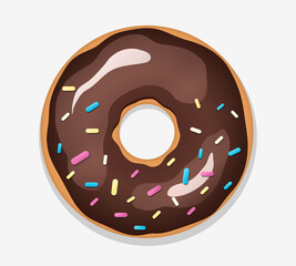 vector illustration of sweet chocolate donut with colored sprinkles
