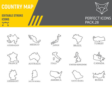 Map of country line icon set, country collection, vector sketches, logo illustrations, map countries icons, travel signs linear pictograms, editable stroke.