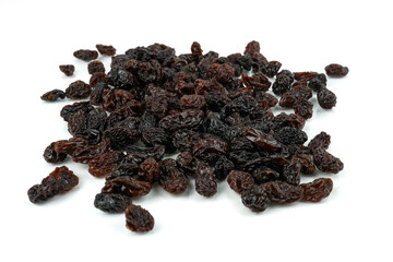 Black sweet Raisins or dried sweet grapes (kali kishmish or Zante currant) isolated on white...