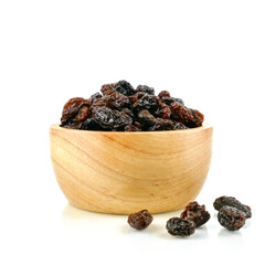 Black sweet Raisins or dried sweet grapes (kali kishmish or Zante currant) isolated on white background