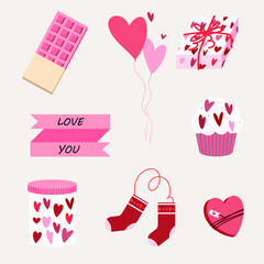 Vector set of holiday objects for romantic background. Valentine's Day.
Chocolate bar, water balls, wrapping paper box, ribbon, cupcake, jar, body socks, box of chocolates.