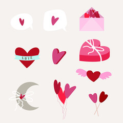 Vector set of holiday objects for romantic background. Valentine's Day.
Messages, envelope, postcard, box of chocolates, month, bow knot, balloons, lollipops.