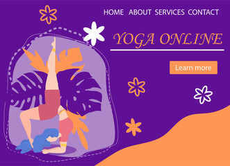 Website banner design for Yoga studio promotion with Learn more button. Yogi woman meditating