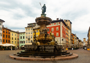 View of central square with fountain of Italian Trento town
