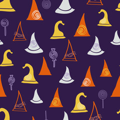 Vector Purple Hat Halloween Party seamless pattern background. Perfect for fabric, scrapbooking,  packaging, and invitation cards.
