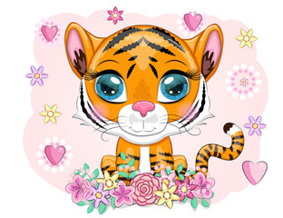 Cute cartoon tiger with beautiful eyes, bright, orange for greeting cards