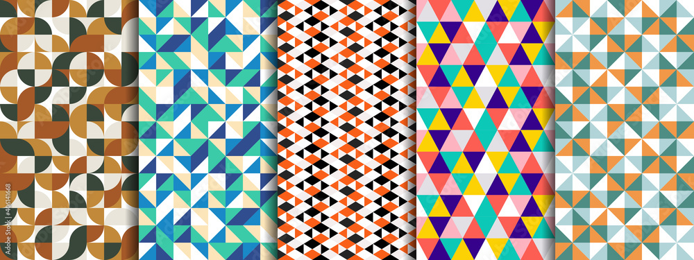 Wall mural set of geometric seamless pattern with circle, square, rounded, triangle and hexagon. five style col