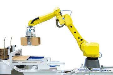 Controller of industrial robotic arm for performing, dispensing, material-handling and packaging applications in production line manufacturer factory. ( With clipping path)