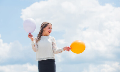 Play with air. Happiness is simple. Happiness concept. Freedom concept. Air balloons for party. Cheerful girl have fun. Summer holidays and vacation. Childhood happiness. Joyful teen celebrate