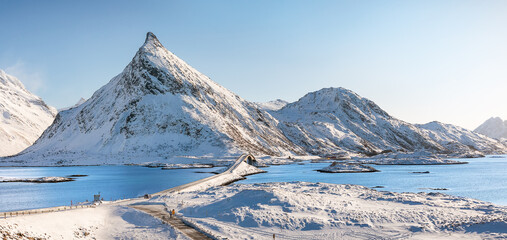 Fredwang bridges on a winter sunny day. Lofoten islands, Norway