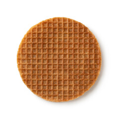  Single traditional Dutch syrup waffle close up isolated on white background