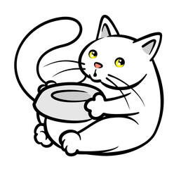 A Cute Hungry White Cat Wanting Food Holding A Bowl