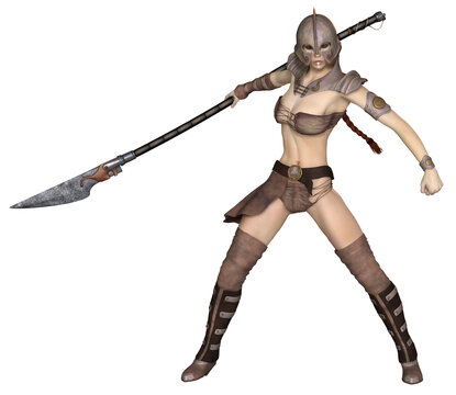 Female Barbarian Hunter Attacking with Spear, 3d digitally rendered fantasy illustration
