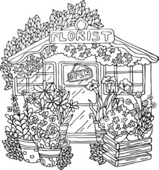 Vector illustration for coloring, for greeting cards, posters, stickers, design,wallpaper. Coloring vector illustration with flowers, house, windows, tree, flower pots, florist