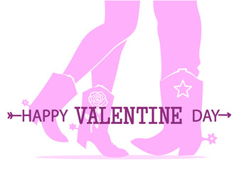 Cowboy Happy Valentine day. Country Farm with Cowboy hat and text rope heart decoration. Printable pink vector illustration background isolated on white for card or print